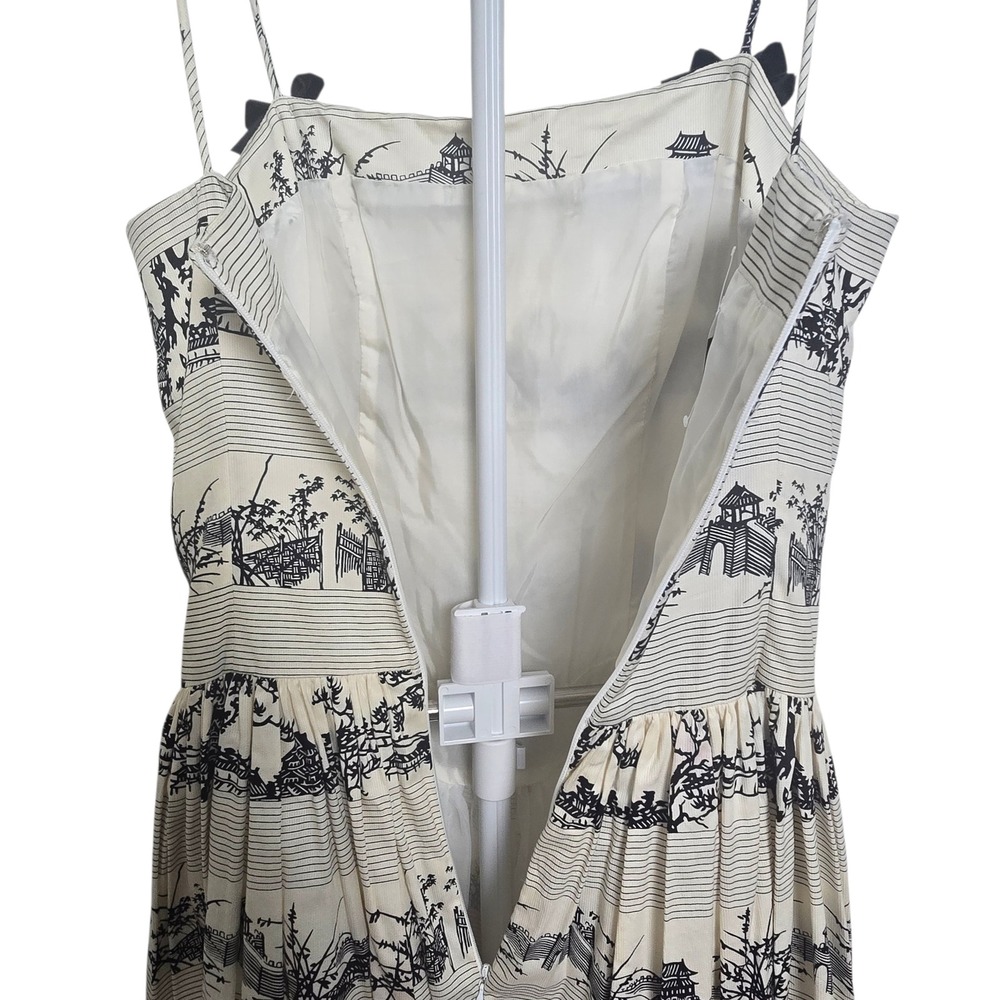 Vintage Tracy & Michael Toile Women's Dress Ivory Velvet Black Bow Strap Midi - Picture 12 of 13